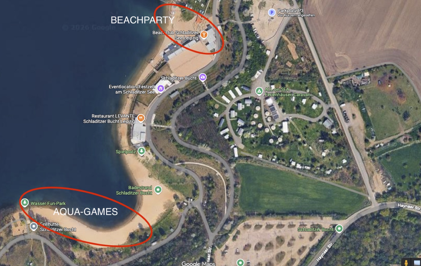 Karte ALL-on-SEA: Aqua Games am Strand südlich, Beachparty am Beachclub nördlich